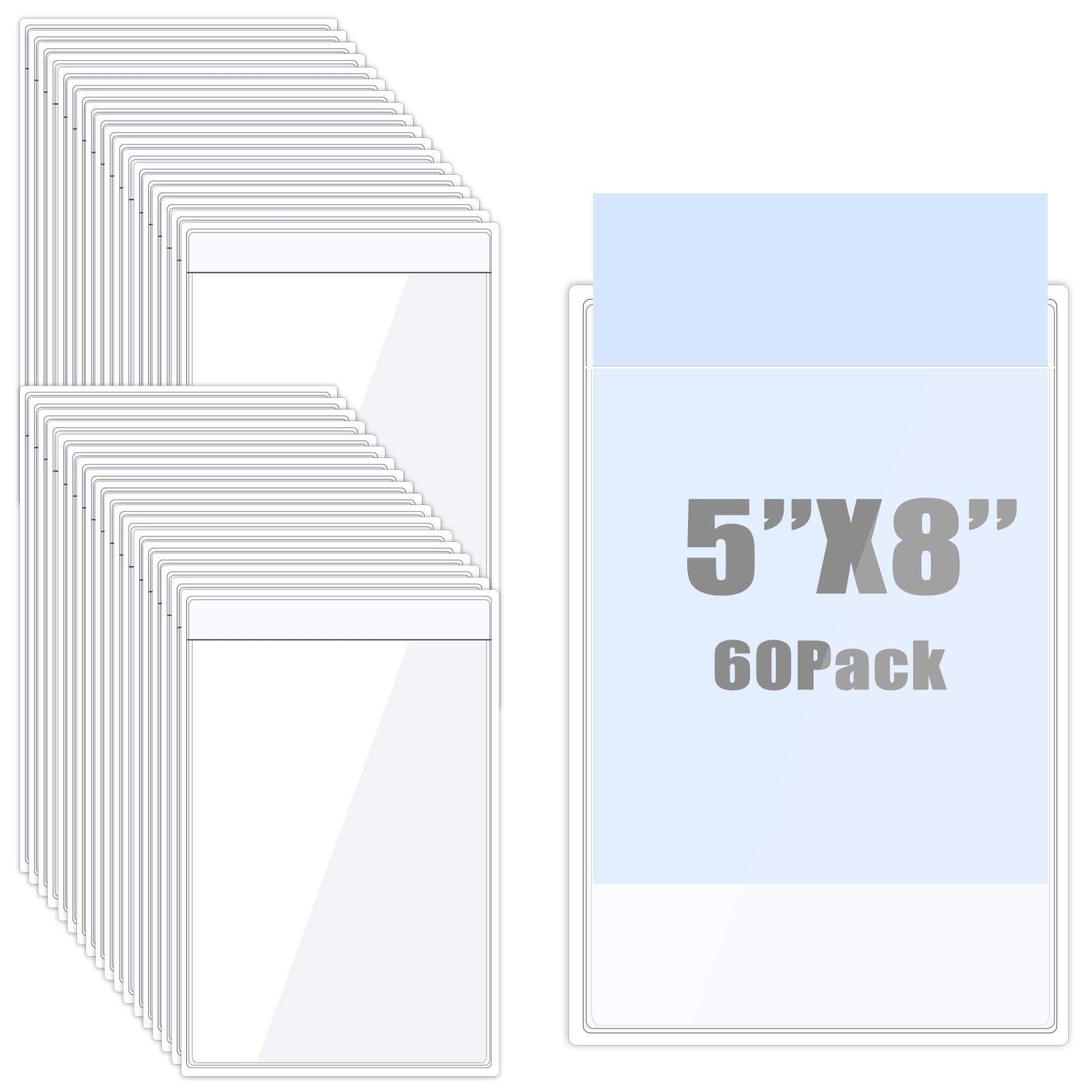 60 Pack Adhesive Pockets Clear Plastic Sleeves Ticket Holders Bulk Top Load L...