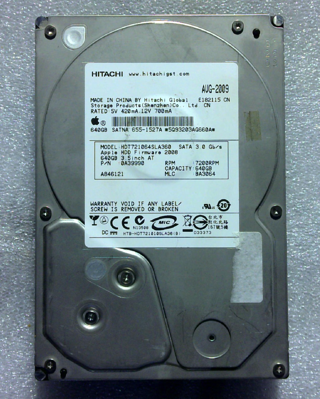 Hitachi - HDT721064SLA360 - 640GB - 0A39990 - SN: MG1NHGXK