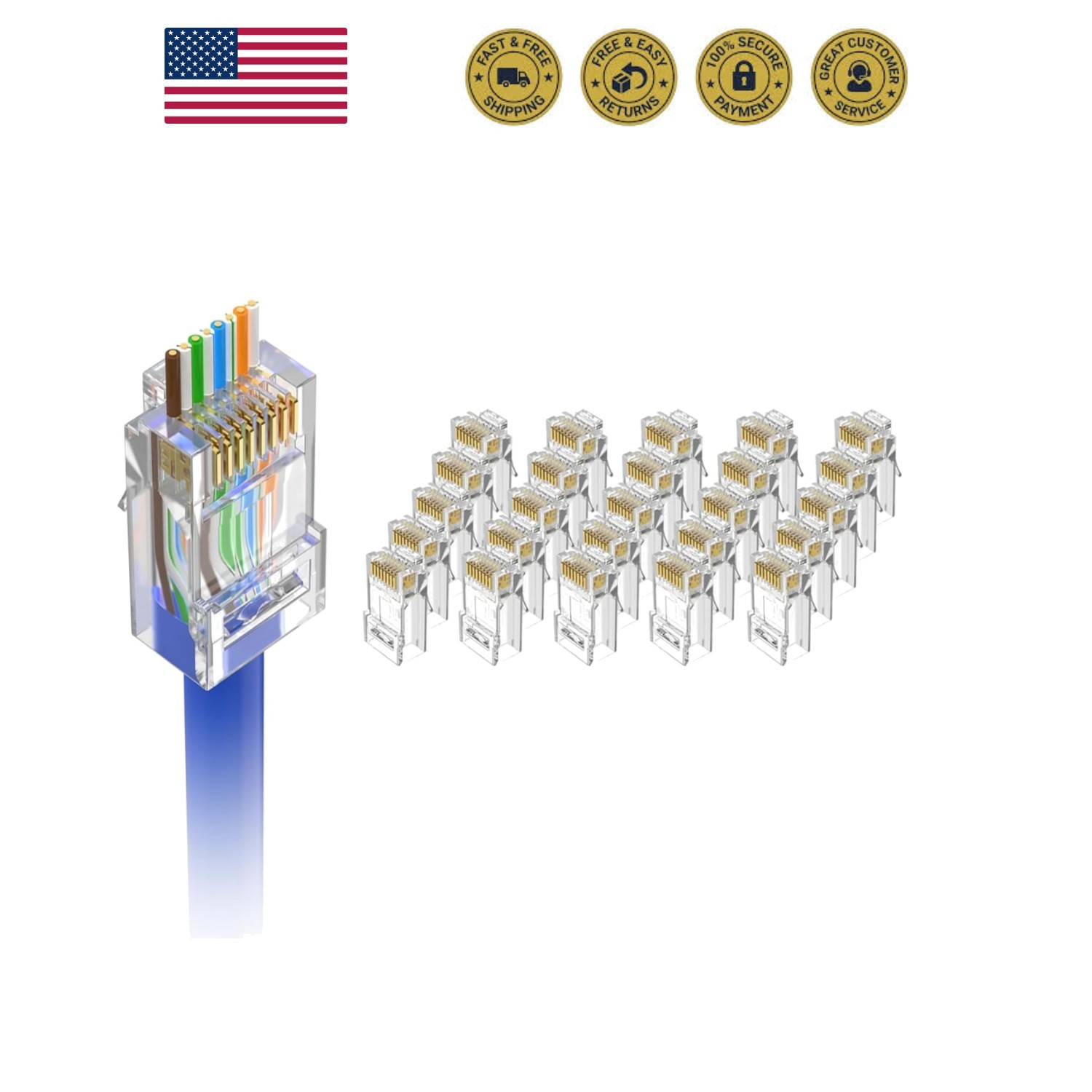 Cat6 RJ45 Pass Through Connectors, Gold Plated 8P8C,  Listed, 25Pcs | 3 Prong...