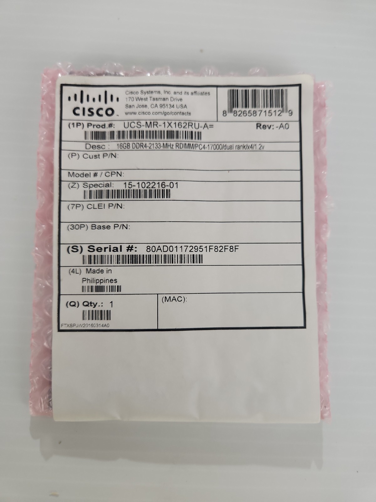 Cisco UCS-MR-1X162RU-A 16G GB DDR4-2133 MHz
