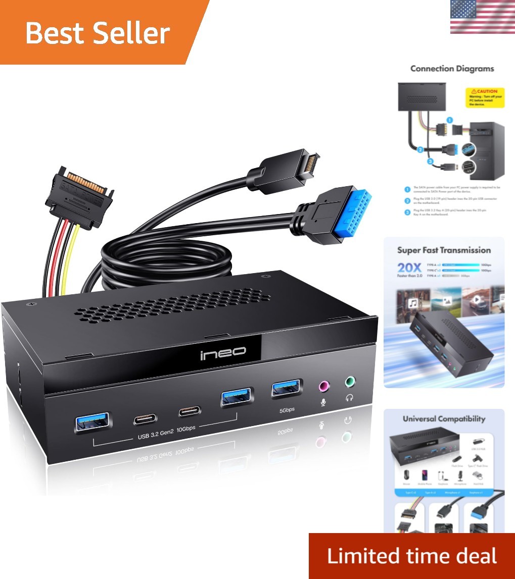5.25" Front Panel USB 3.2 Gen 2 Hub - 2X 10G USB-C, 2X 10G USB-A, 1x USB 3.0 ...