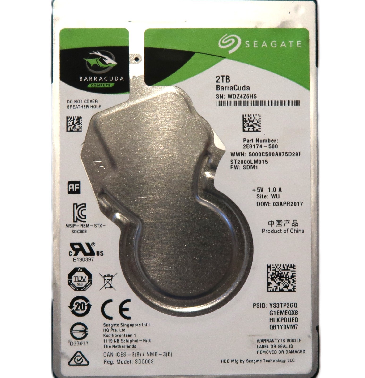 Seagate ST2000LM015 2E8174-500 SDM1 (WDZ4) WU China 2TB 2.5" Sata HDD APR/2017