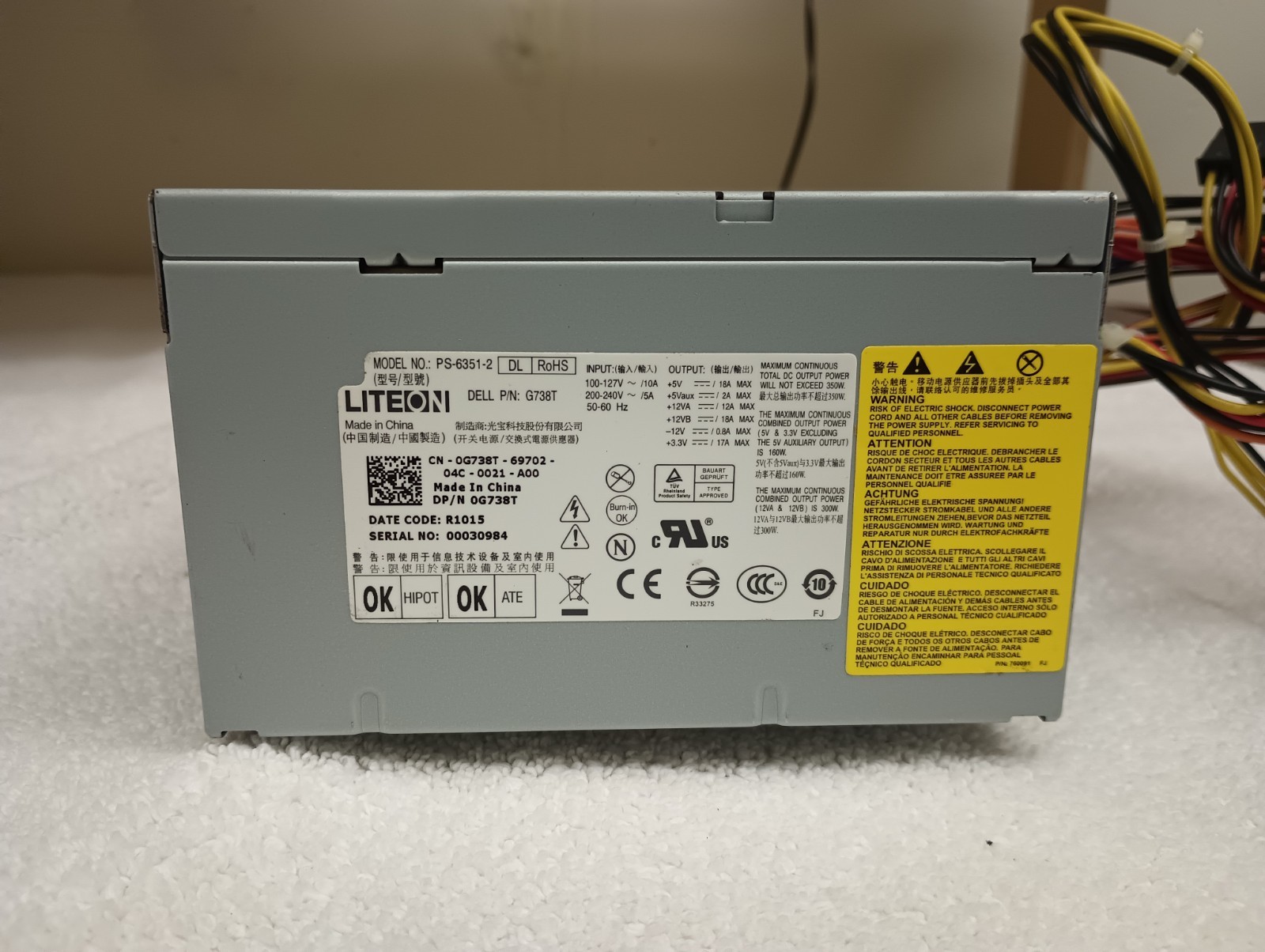 Dell Vostro 420 G738T 0G738T Power Supply LiteOn PS-6351-2 350w Tested