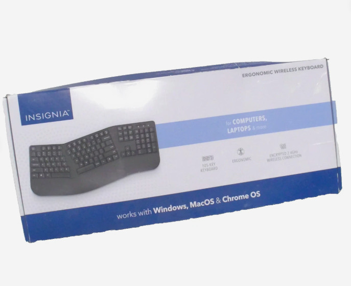 Insignia - Full-Size Wireless Ergonomic Membrane Keyboard - Black - NEW