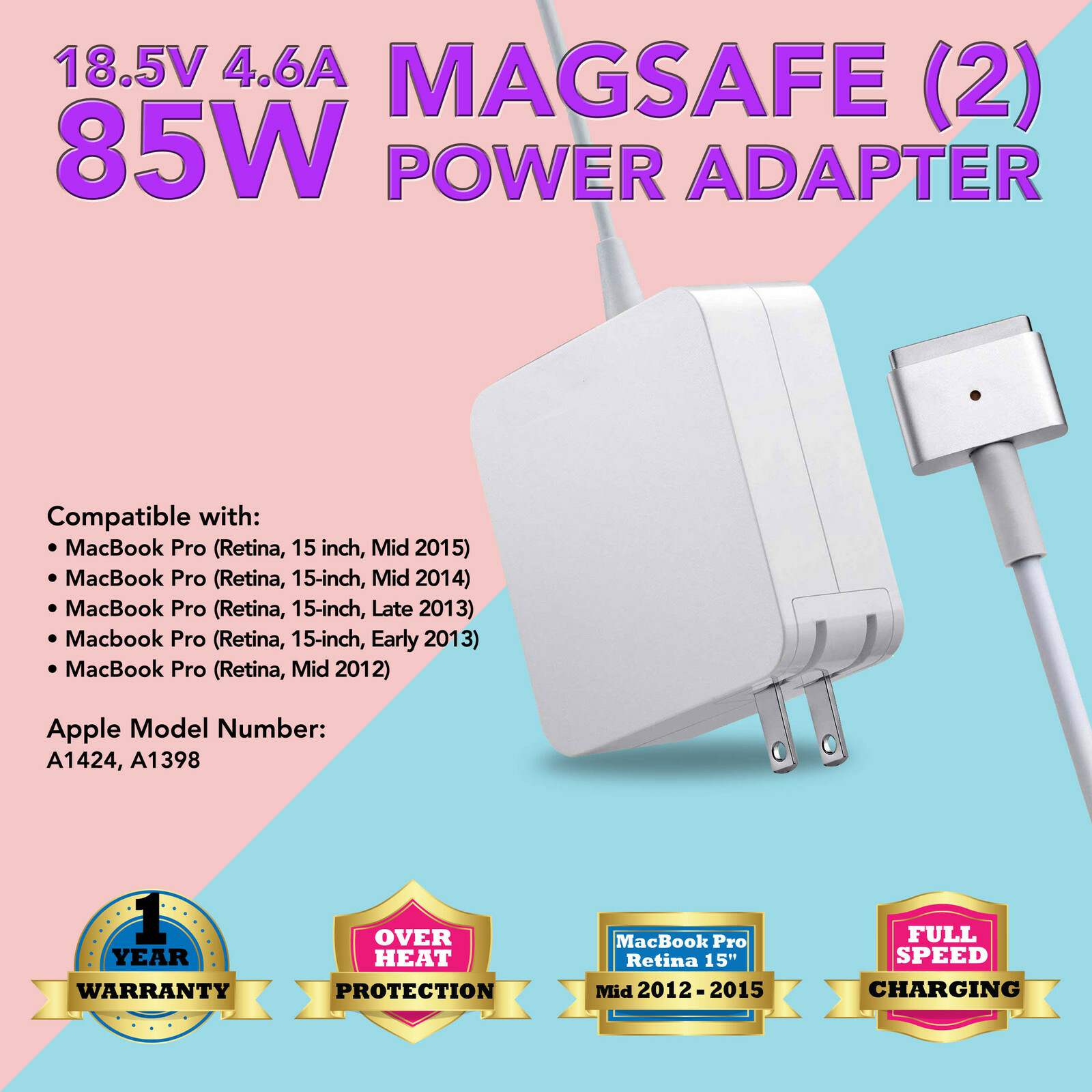 85W Power Adapter for Apple MagSafe 2 II Macbook Pro A1424 Charger