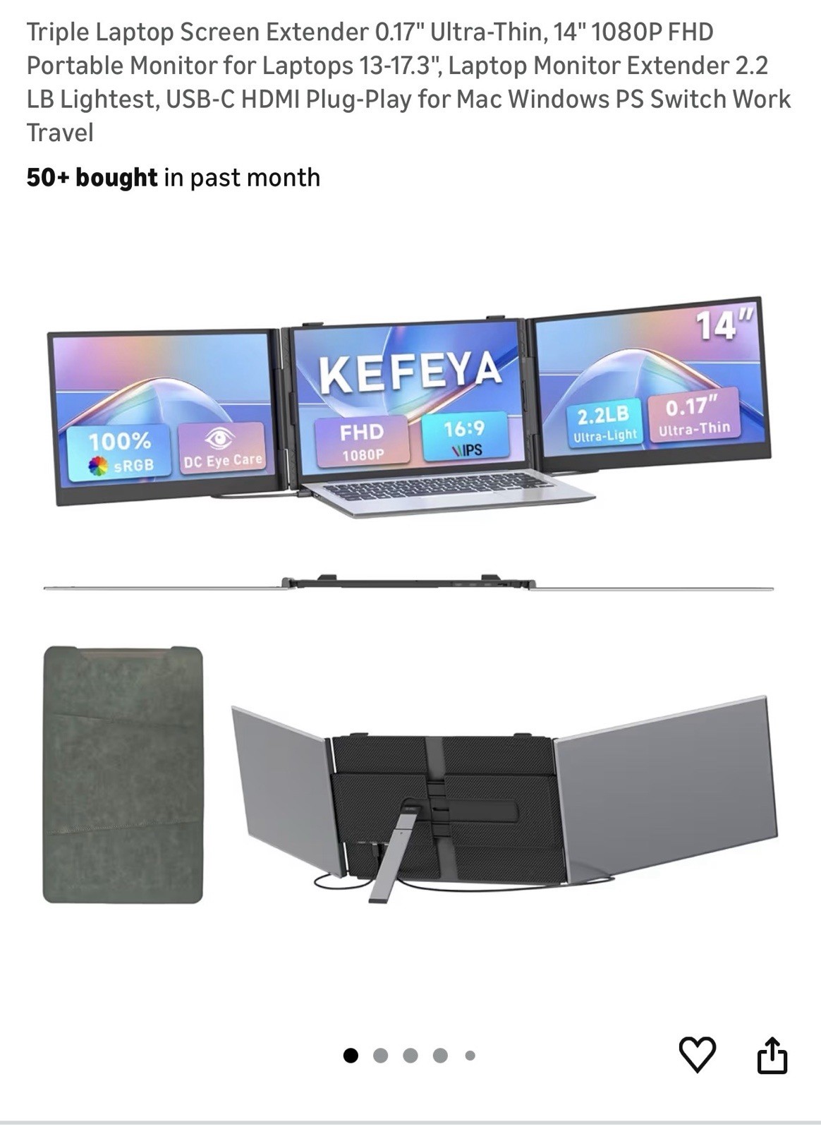 KEFEYA 14" Triple Ultra-Thin IPS FHD Portable Laptop Screen Extender USB-C HDMI