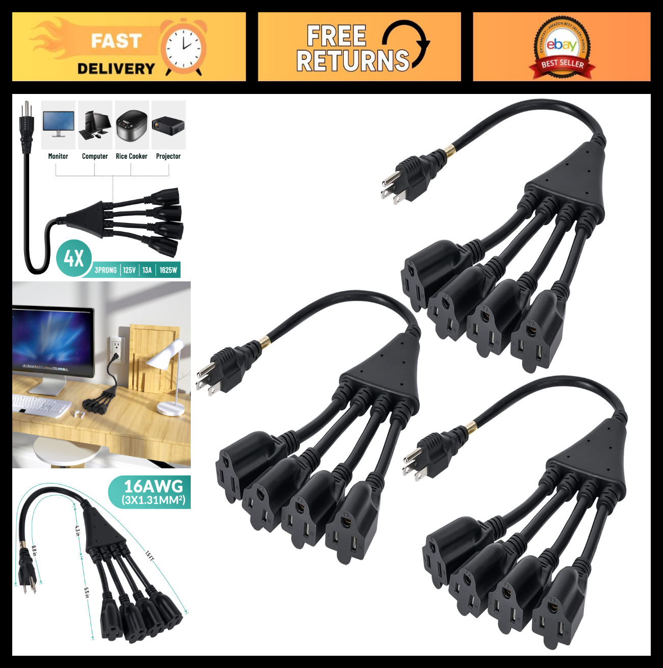 4 Way Power Cord Splitter Cable 3 Pack - 3 Prong Y Splitter Extension Cord 1.5ft