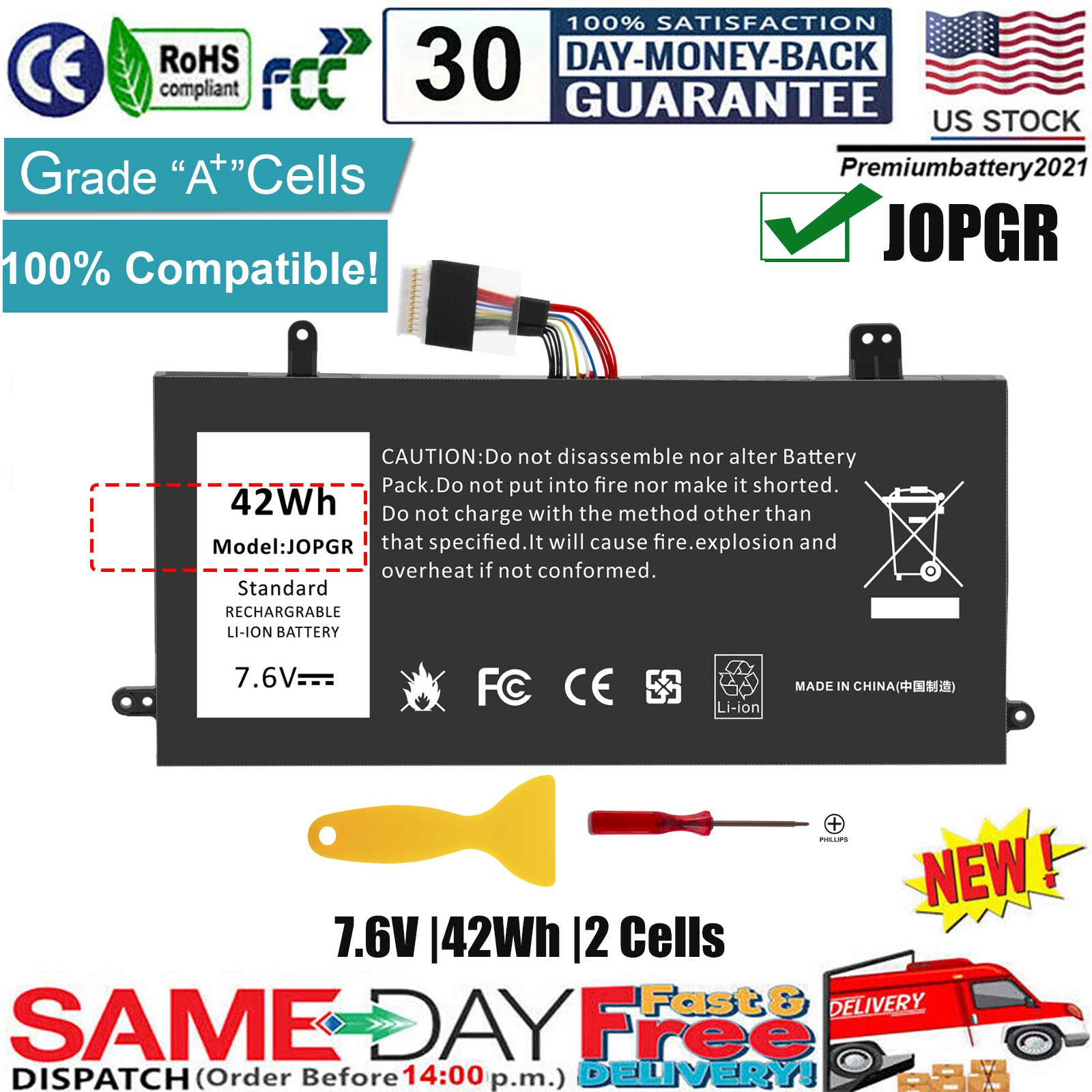 For Dell Latitude 5285 5290 2-in-1 Series 7.6V 42Wh Battery J0PGR JOPGR 0FTH6F