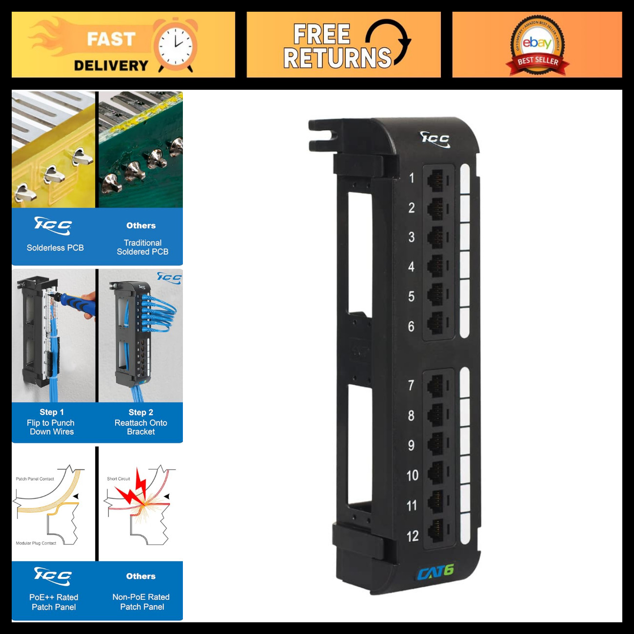 12-Port CAT6 RJ45 Patch Panel - Wall Mount Rear IDC, Black, Networking Solution