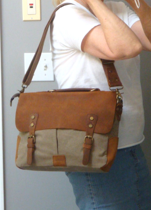 GEARONIC Canvas Leather Satchel Messenger Travel Briefcase Laptop Brown School