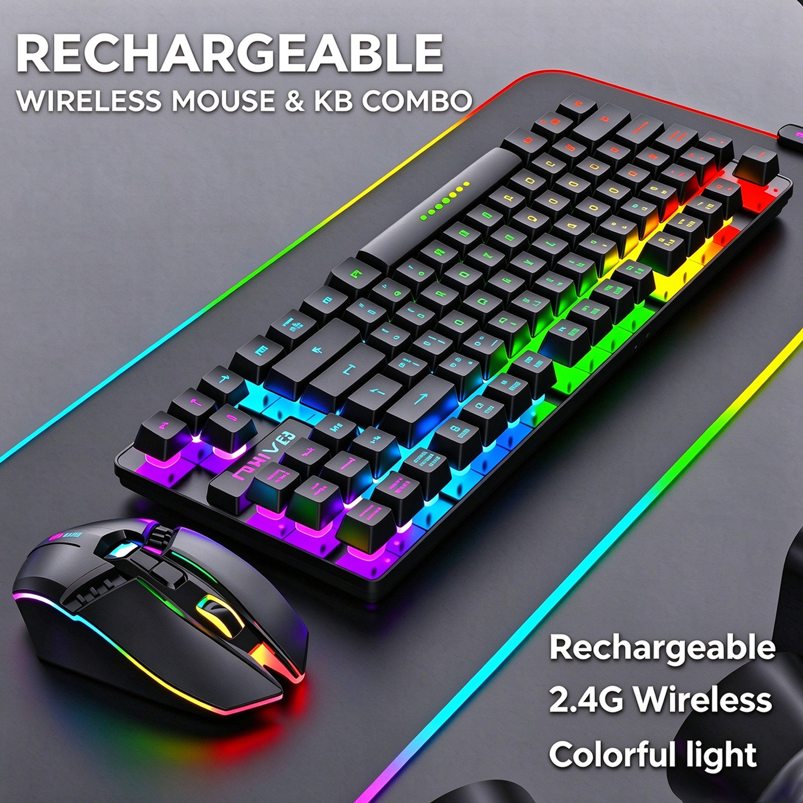 Rechargeable Wireless Gaming Keyboard & Mouse Combo 87 Keys Rainbow RGB Backlit