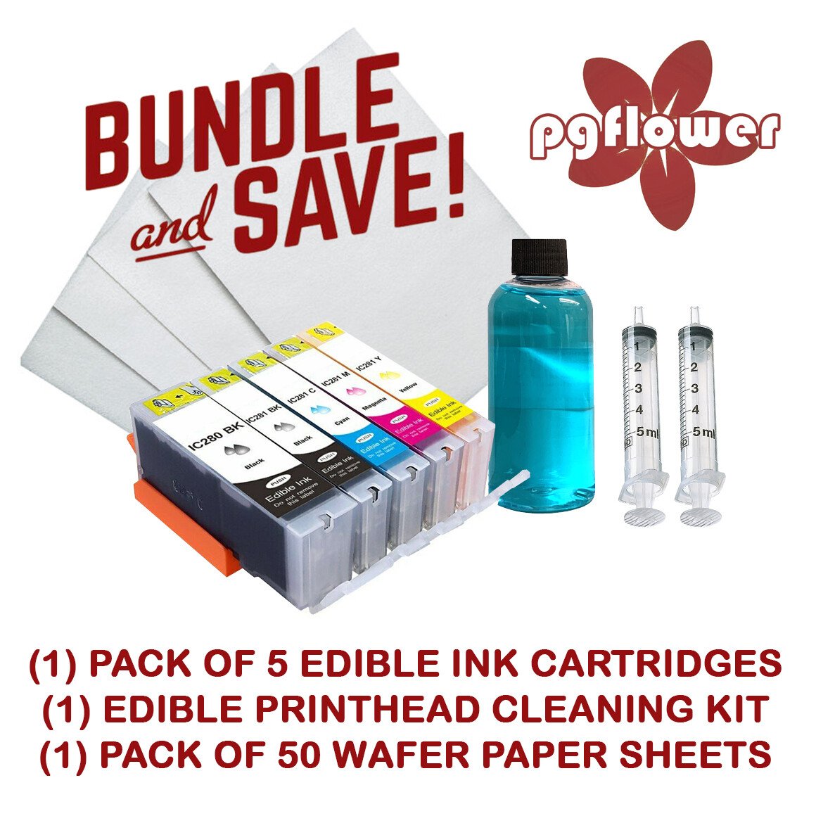 Edible Ink Cartridges 280-281, Wafer Paper & Cleaning Kit for Canon 6120 6220