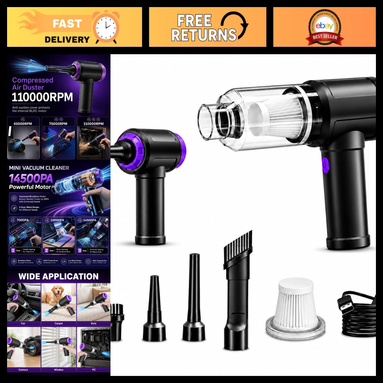 Powerful 3-in-1 Keyboard Vacuum & Electric Air Duster, 14.5KPA, USB, Portable Du