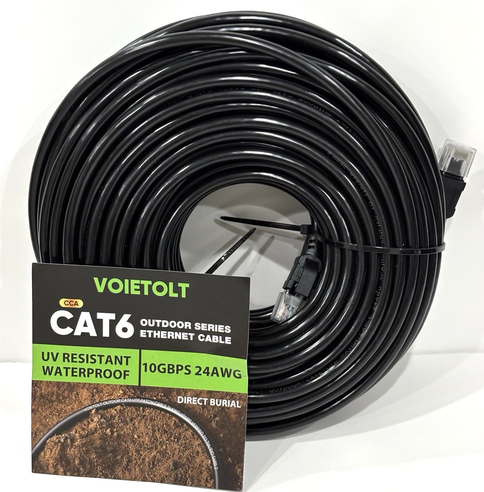 VOIETOLT Cat6 Outdoor Ethernet Cable 100FT 10Gbps 24AWG Direct Burial Black