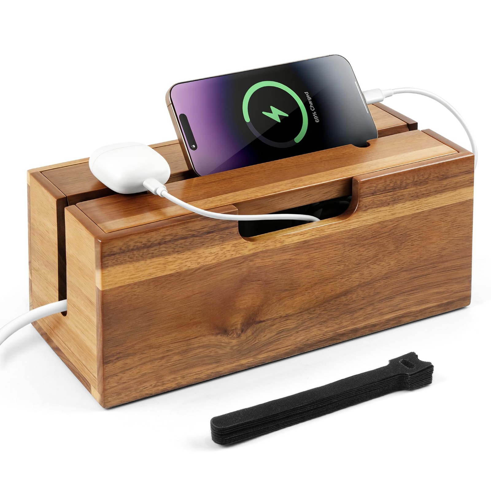 12 Inch Acacia Wood Cable Management Box Cord Hider With Phone Stand