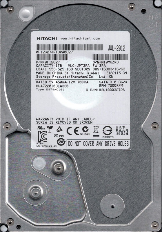 HUA722010CLA330 P/N: 0F12627 MLC: JPT3PA China Hitachi 1TB