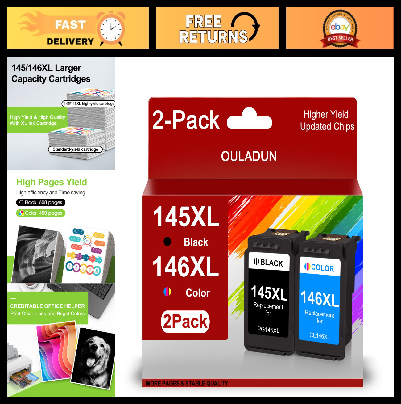 High Yield Ink Cartridges Combo Pack for Canon 145XL 146XL - 1 Black, 1 Color