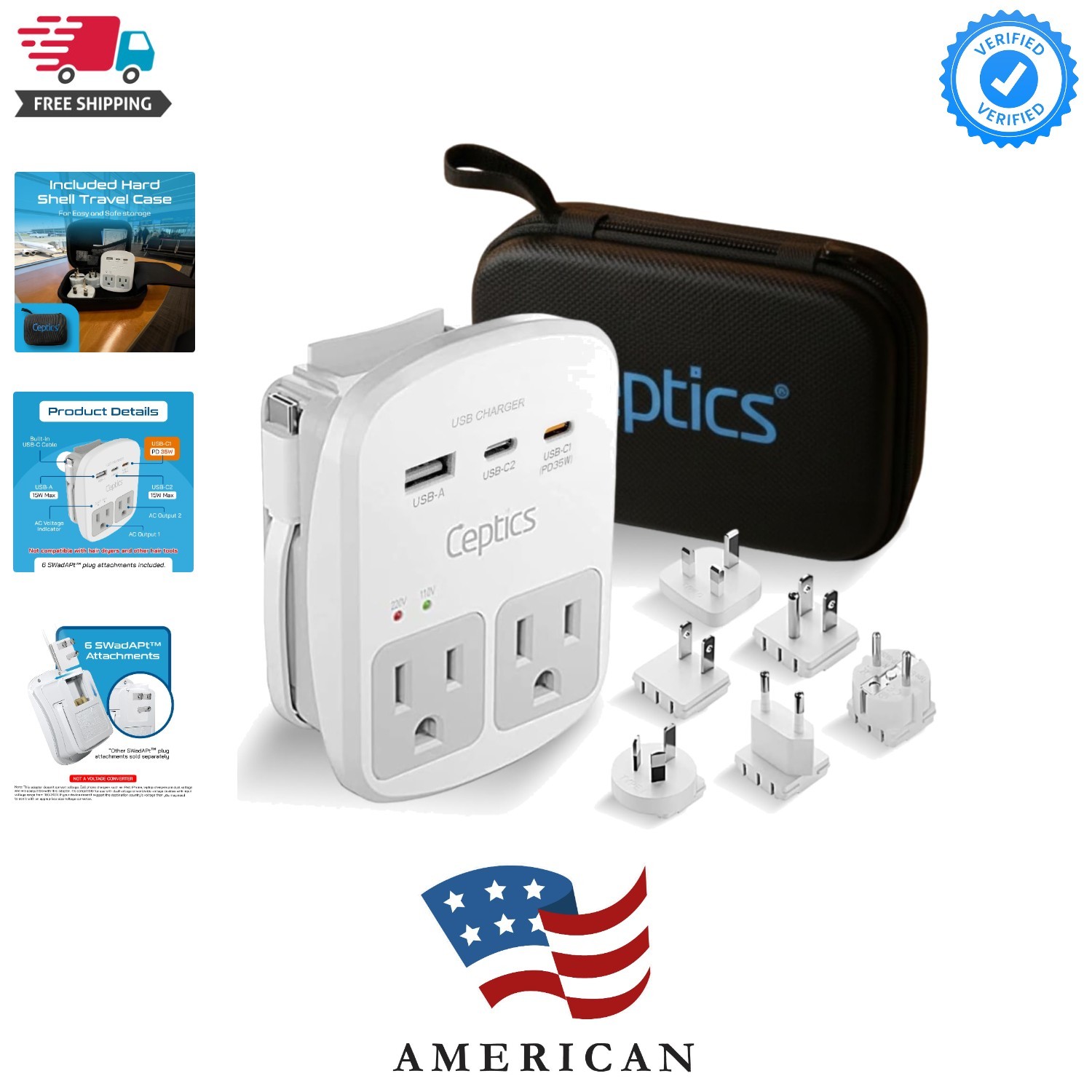 35W Universal Travel Adapter Kit – 2  sockets, USB-A, USBC, 1x PD 35W USB-C a...