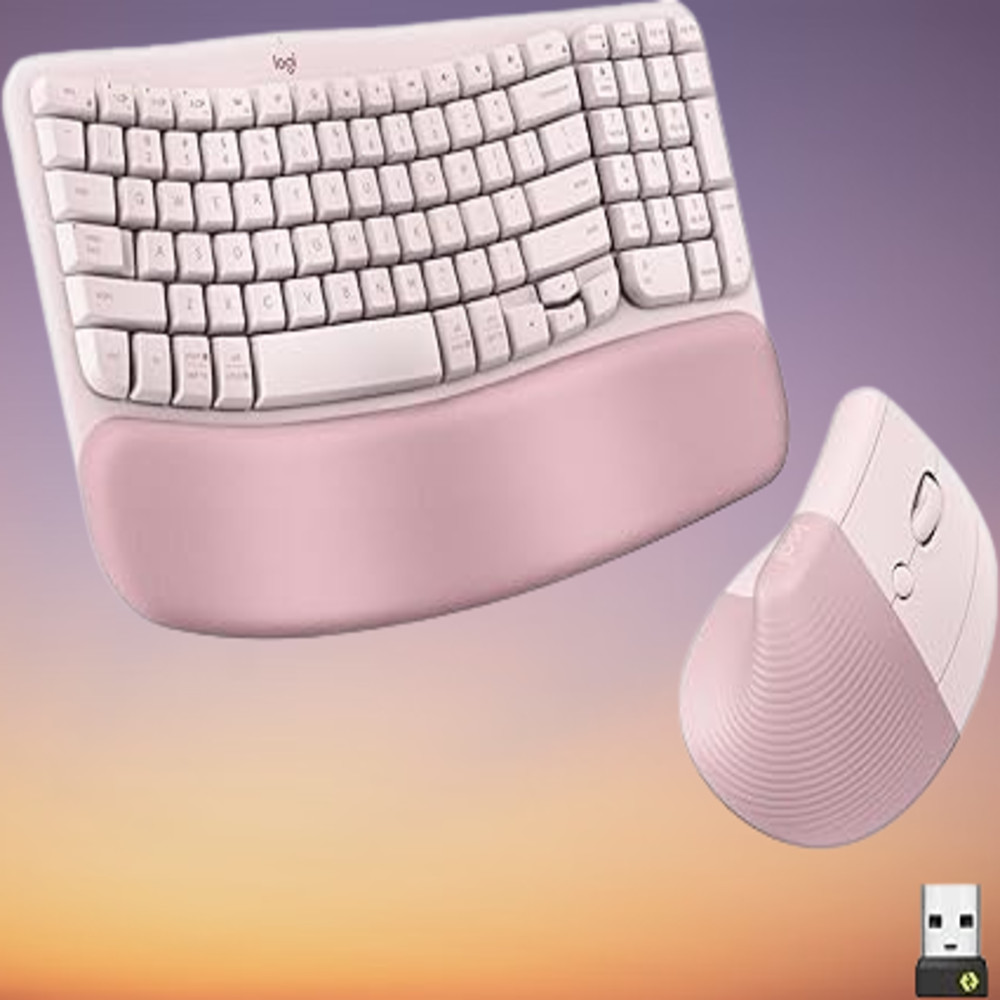 Logitech Wave Keys & Lift Vertical Mouse Ergonomic Wireless Combo, Rose
