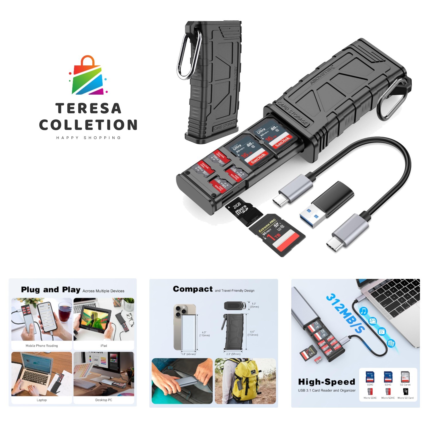 Effortless Data Transfer with 2-in-1 USB Type-C SD Card Reader & Holder - Black