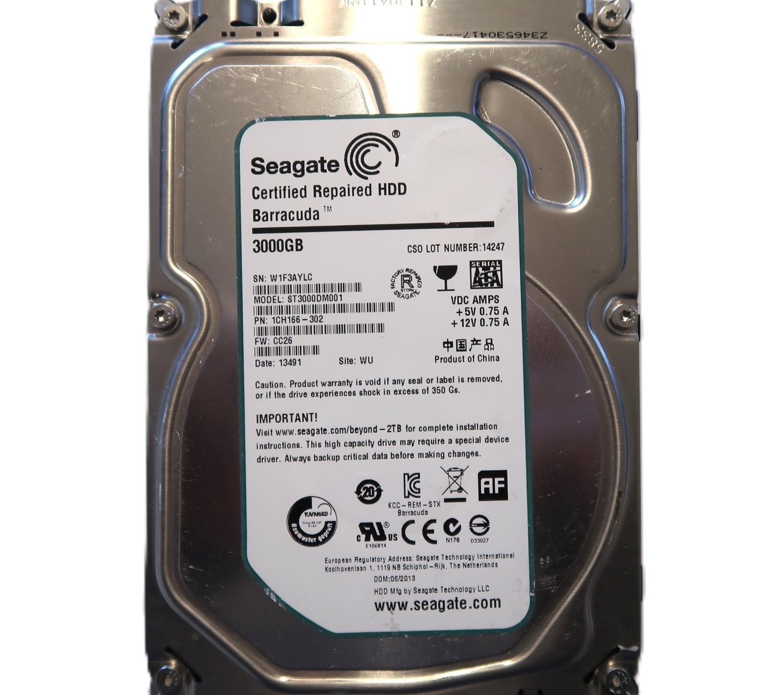 Seagate ST3000DM001 1CH166-302 CC26 WU China (W1F3) 3TB 3.5" Sata HDD 06/2013