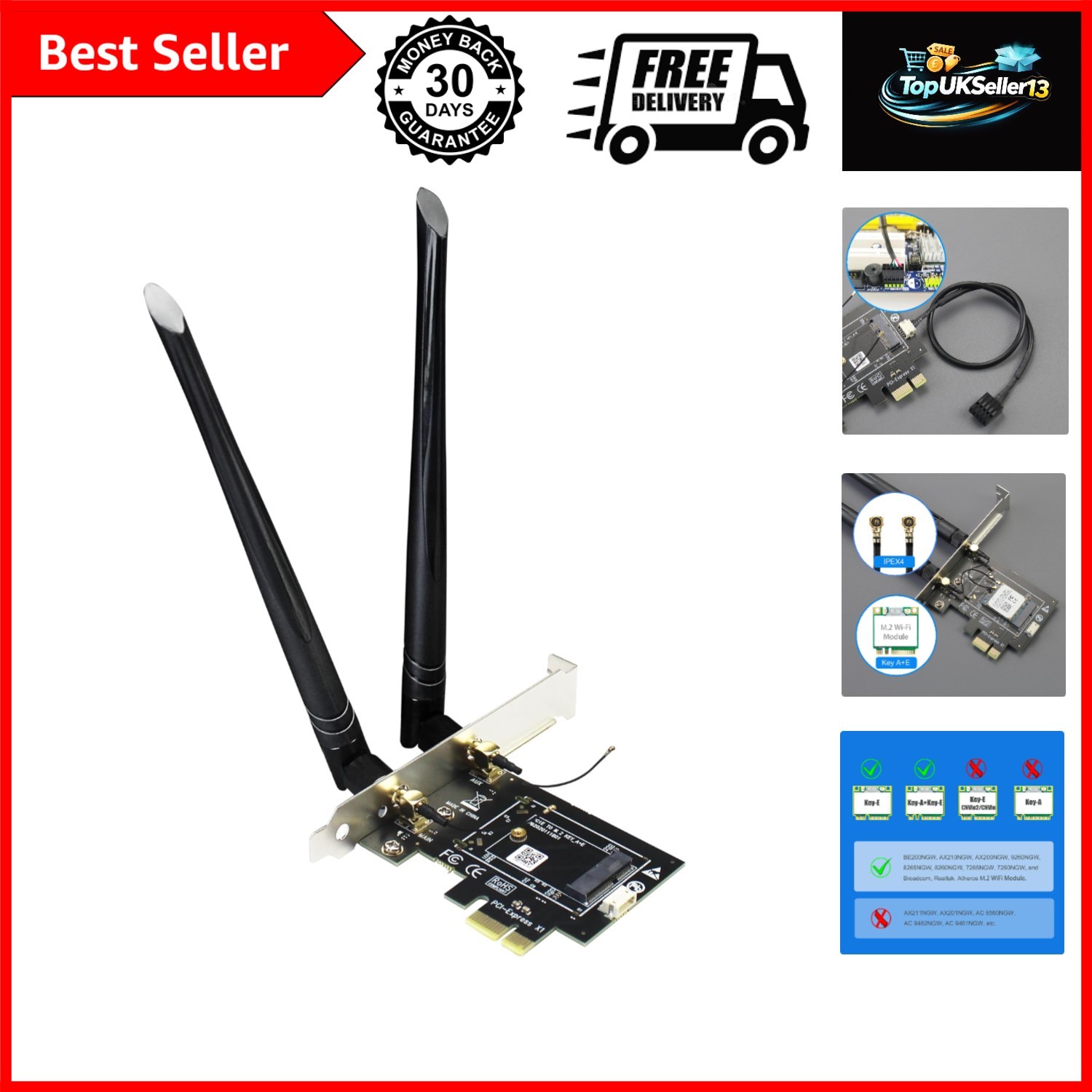 WA01 M.2 E Key to PCIe X1 WiFi Bluetooth Adapter for M.2 WiFi 4/5/6/6e/7/Cora...