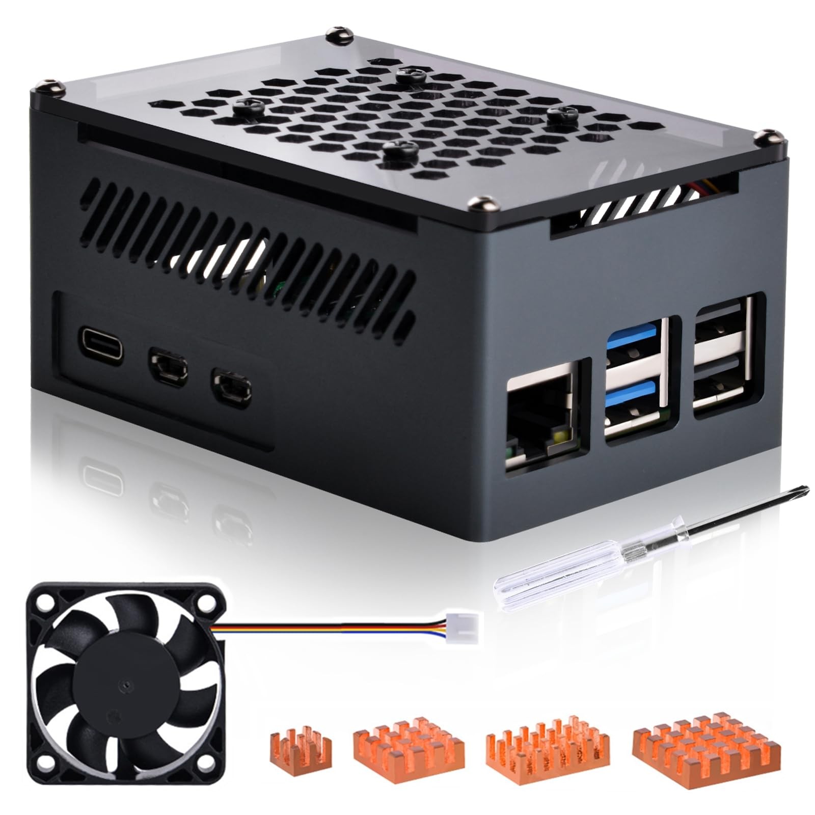 GeeekPi Aluminum Case for Raspberry Pi 5, with PWM Fan and Copper Heatsinks, Sup