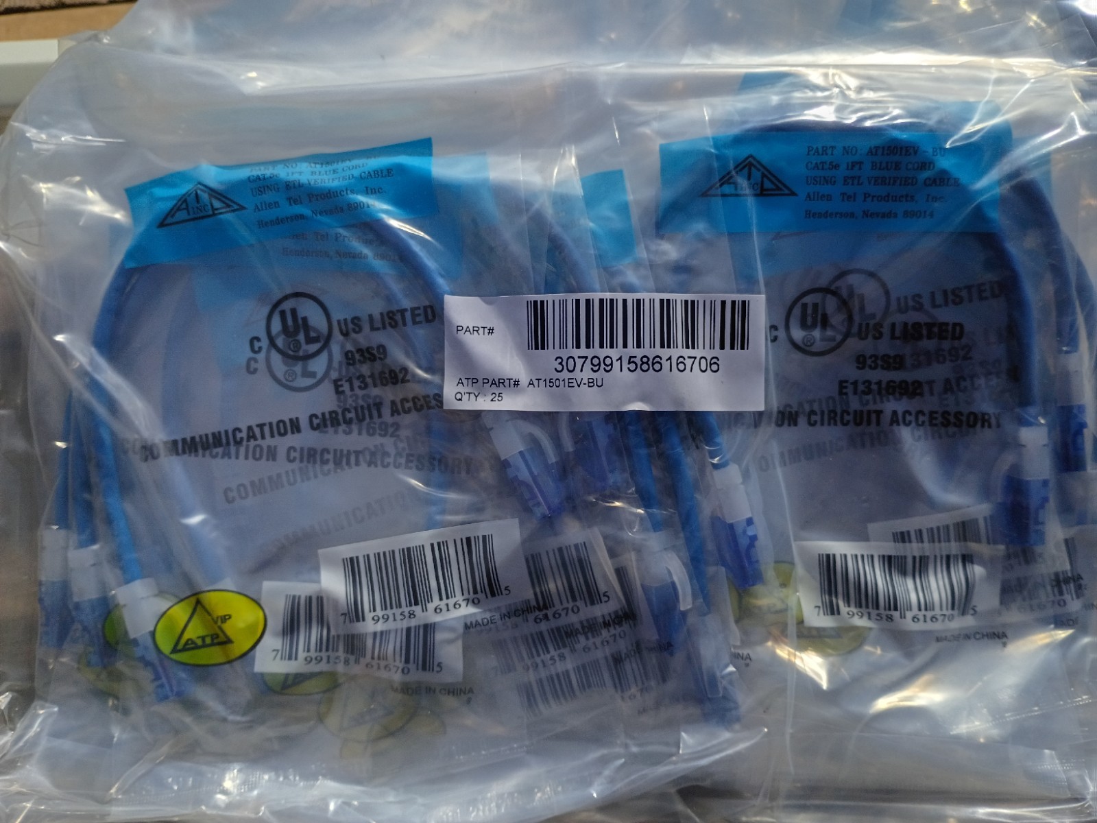 Ethernet Cable Allen Tel Cat5e 1ft. 25 Pack