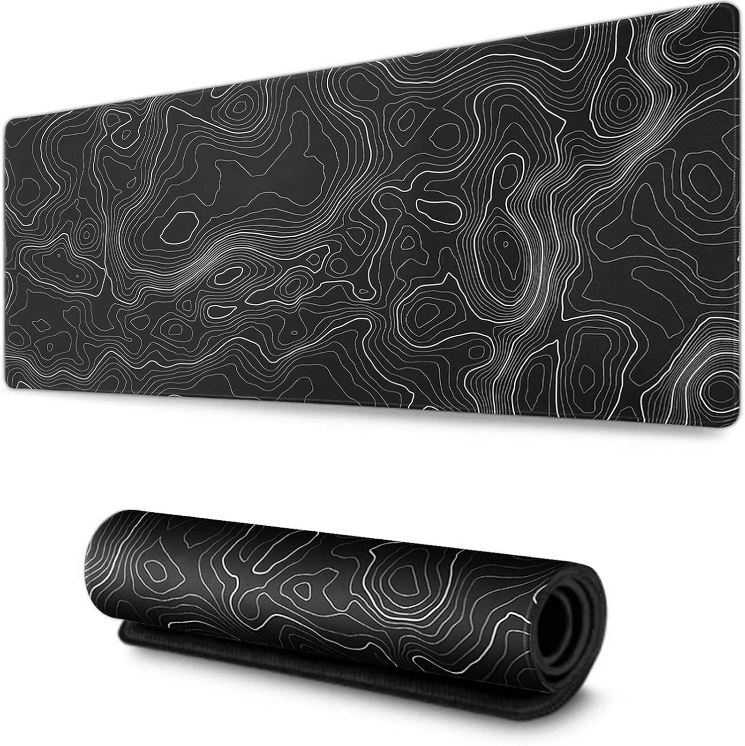 Black and White Topographic Line Mouse Pad (31.5 x11.8 in) Gaming Desk pad wi