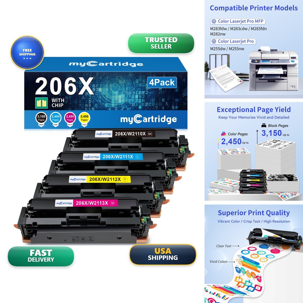 206X Toner Cartridges 4 Pack for HP 206X 206A MFP M283fdw M283cdw M255dw