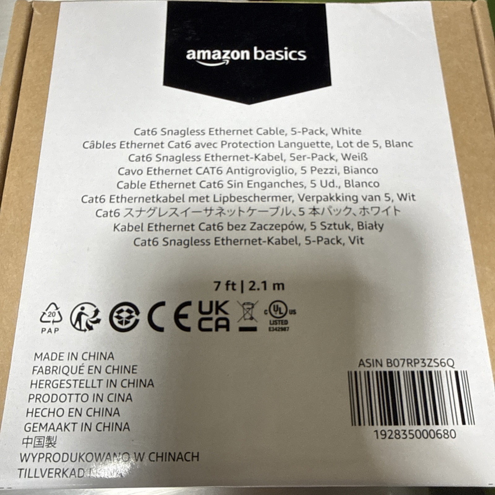 Amazon Basics Cat6 Snagless Ethernet Cable 7ft 2.1 m 5-Pack White New In Box
