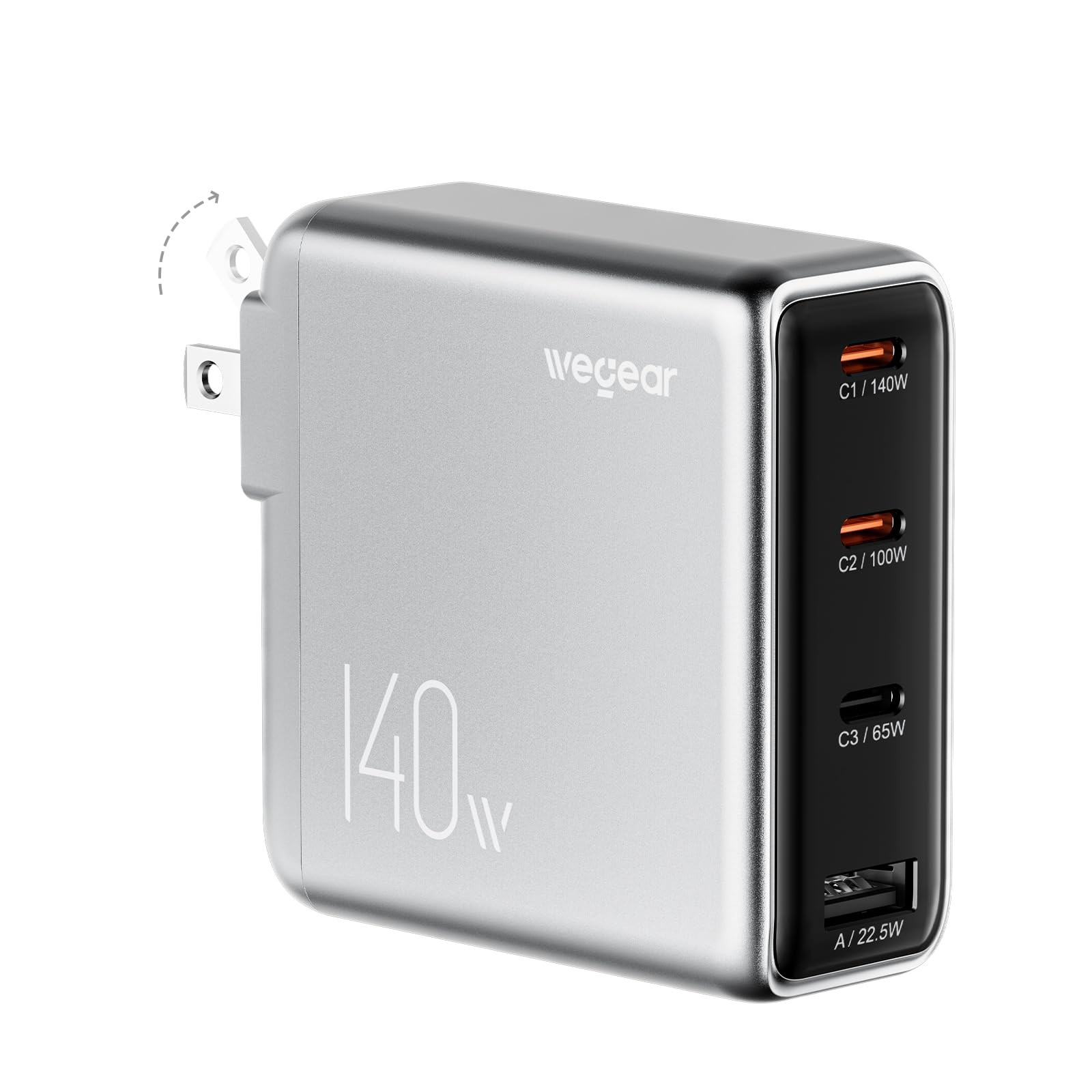 wegear 140W USB-C Charger for Laptop, Slim 4-Port PD 3.1 GaN Block-Silver