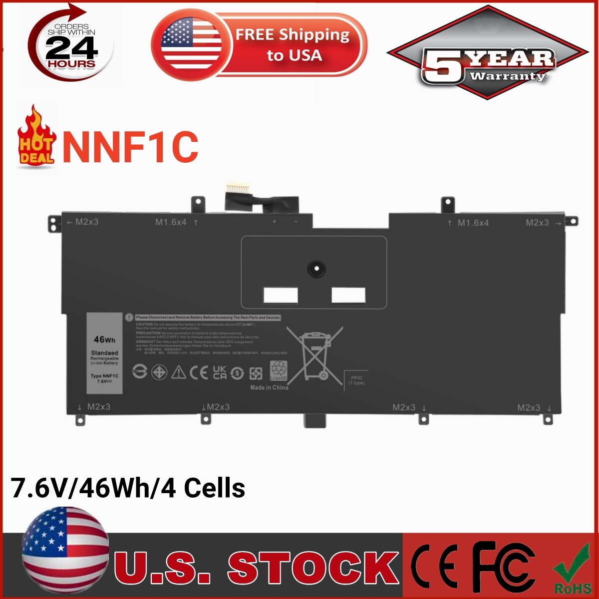 NNF1C BATTERY FOR DELL XPS 13 9365 2IN1 2017 SERIES 13-9365-D1605TS 0NNF1C 46WH