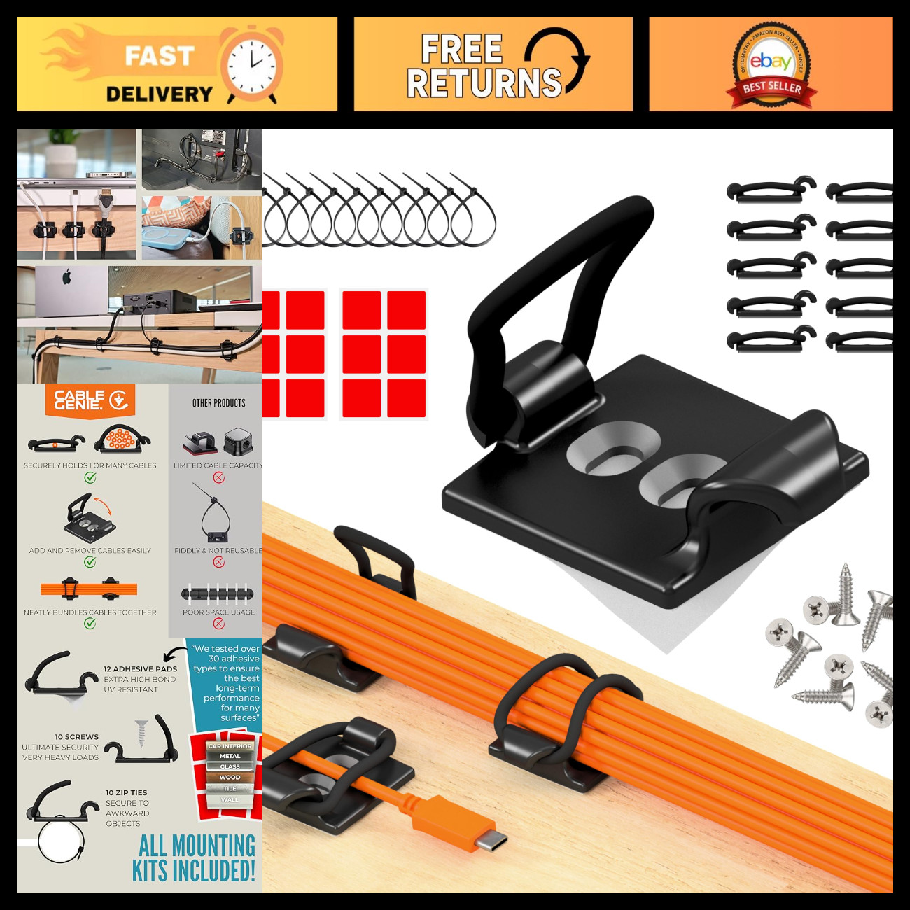 10-Pack Adjustable Elastic Cable Clips - Wire Management Organizer for Home Offi