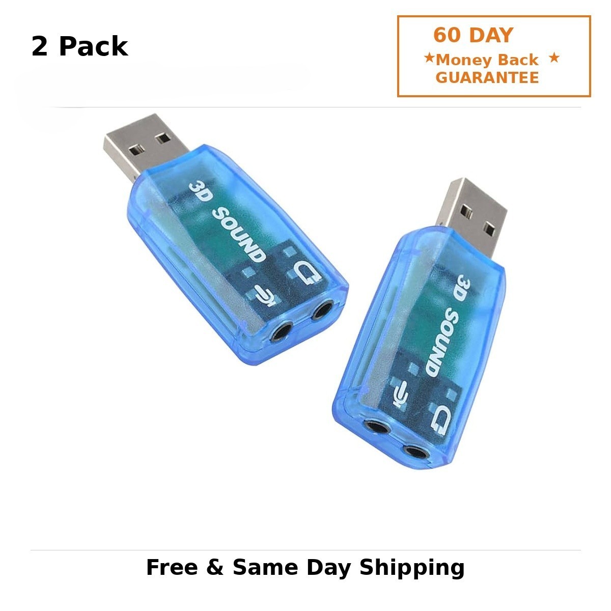 2 Pack External 5.1 USB Sound Card Adapter 3D Audio 3.5mm Jack Windows Mac PC