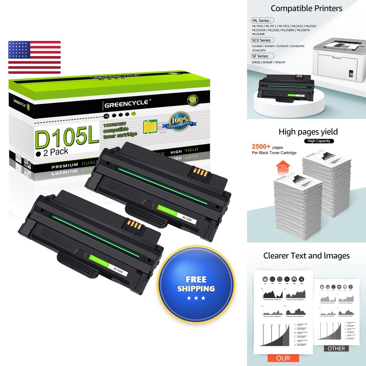 Greencycle D105L MLT-D105L High Yield Black 105L Toner Cartridge, 2 Pack