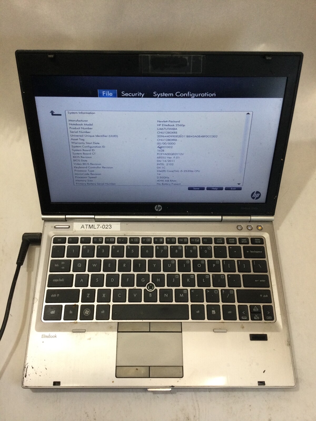 HP ELITEBOOK 2560P - BOOTS TO BIOS - INTEL I5 2520M - NO RAM-READ DESCRIPTION-BB