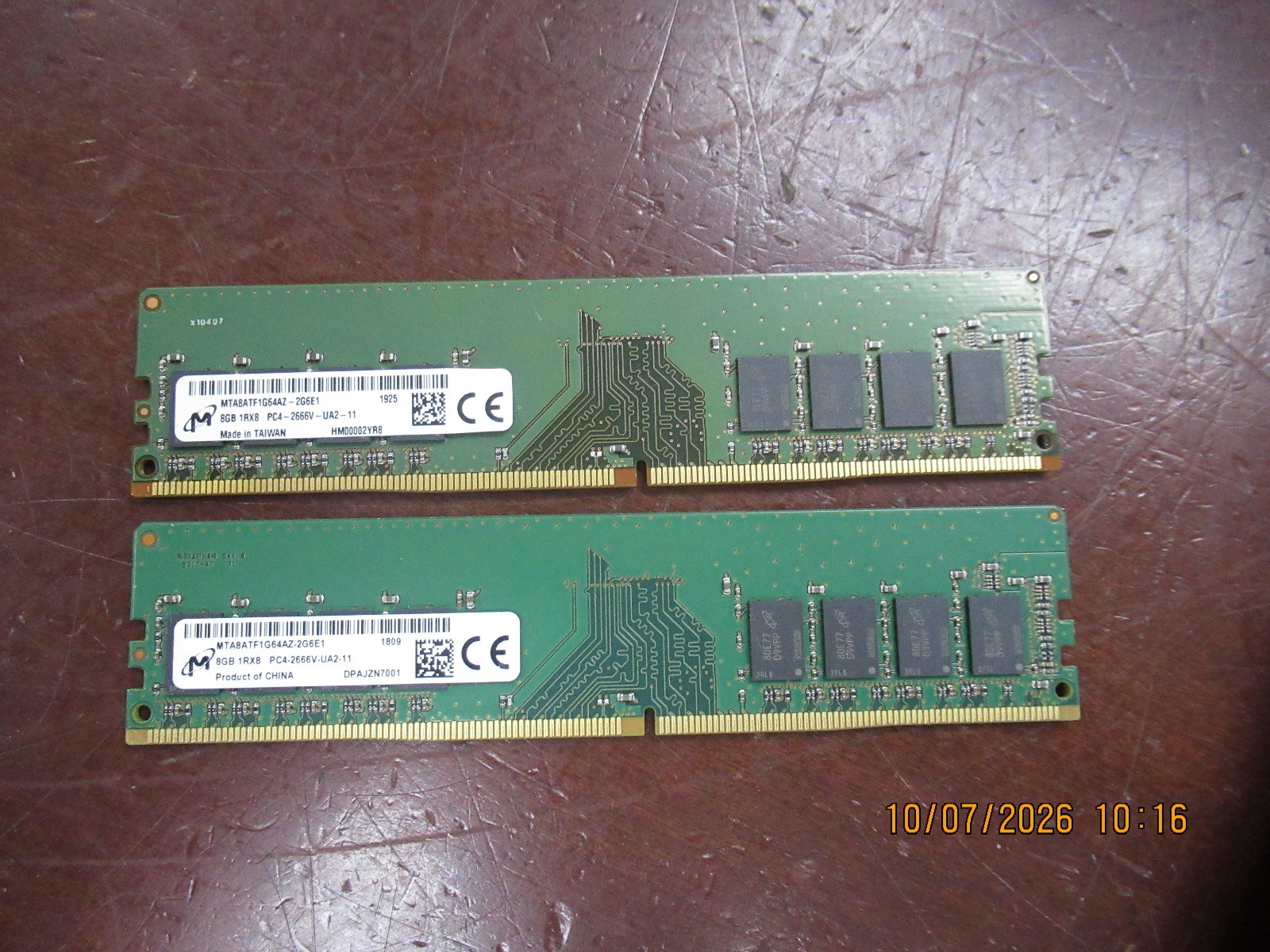 Lot of 2 Micron 8GB 1RX8 DDR4 PC4-2666V MTA8ATF1G64AZ-2G6E1 Desktop Ram Memory