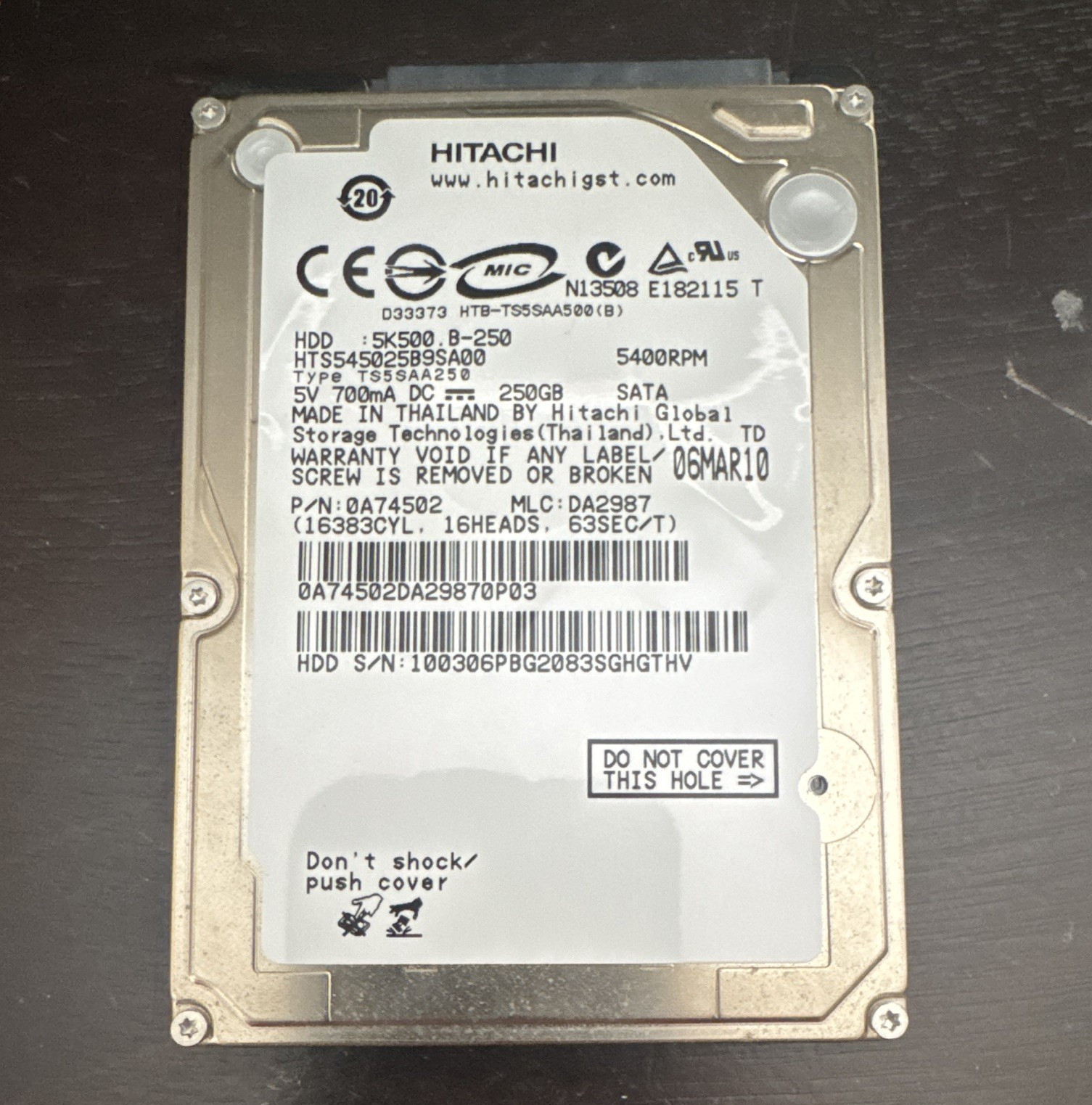 Hitachi Travelstar HTS545025B9SA00 250GB 5400RPM 8MB SATA 2.5" HDD