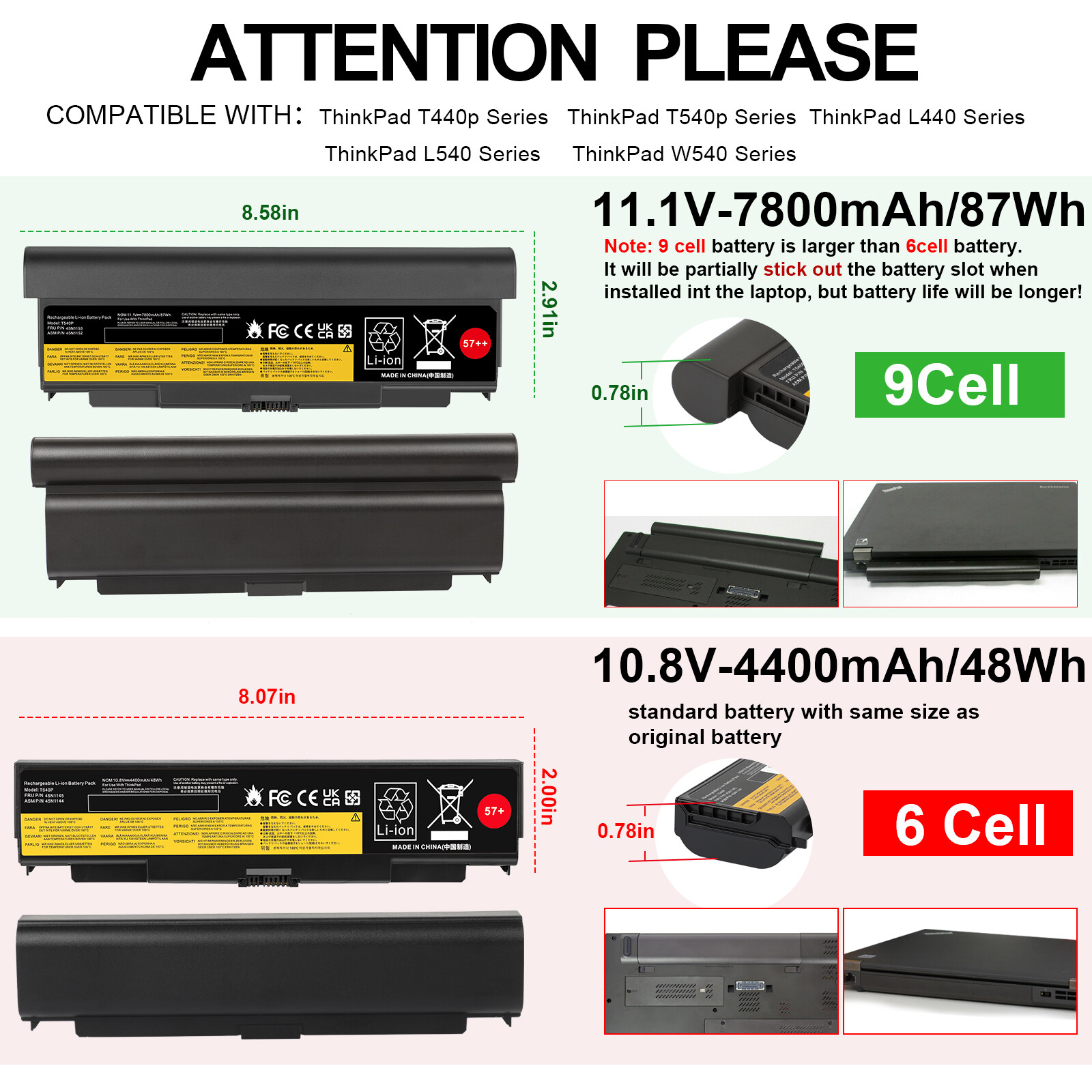 57++ 87WH Battery for Lenovo ThinkPad T440P T540P L440 L540 W540 0C52863
