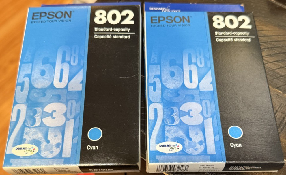 2-PACK - Genuine Epson 802 Cyan Ink Cartridges WorkForce Pro WF-4720 Exp 3/26