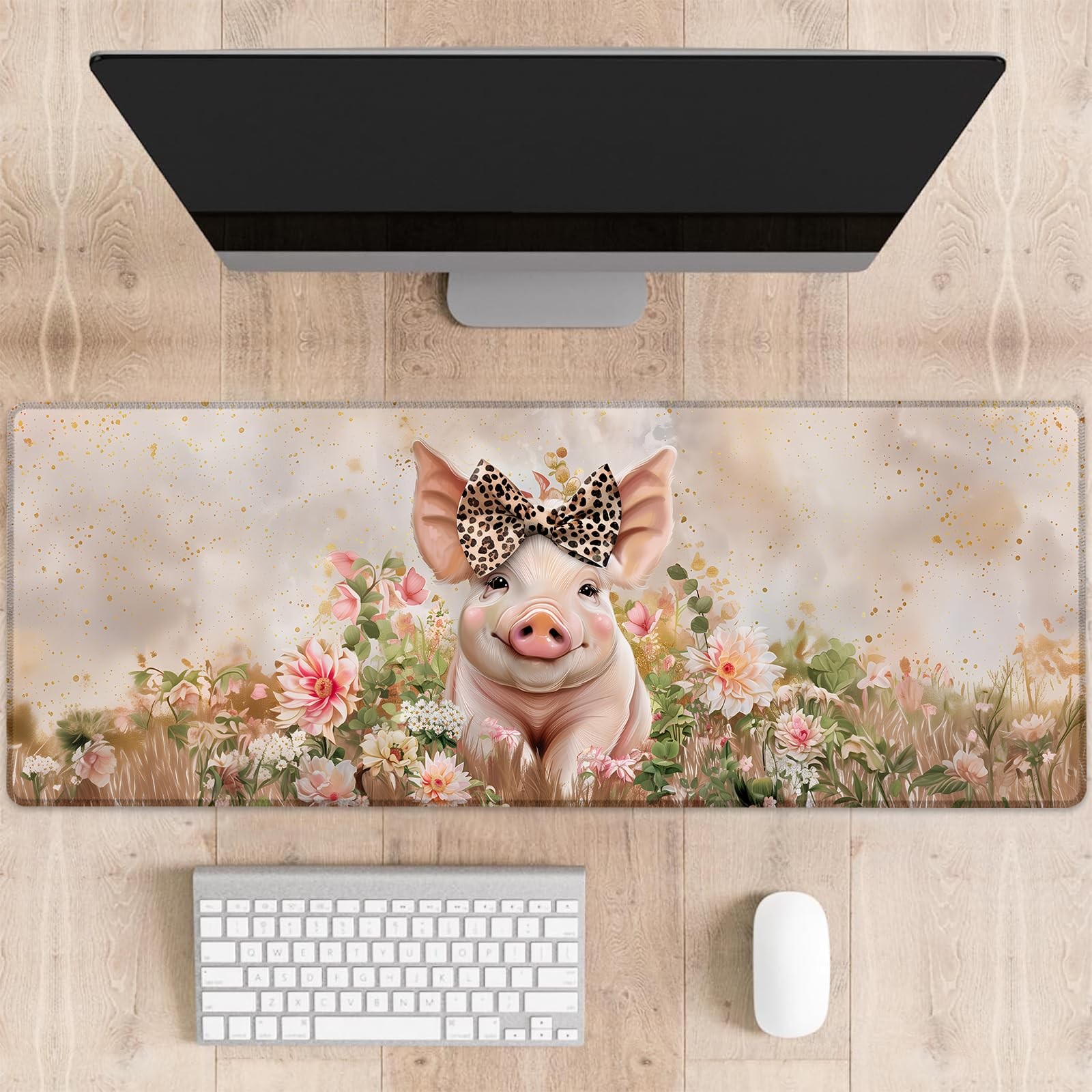 Cute Pig Gaming Mouse Pad Leopard Bow Large Desk Mat Laptop 31.511.8in Rubber