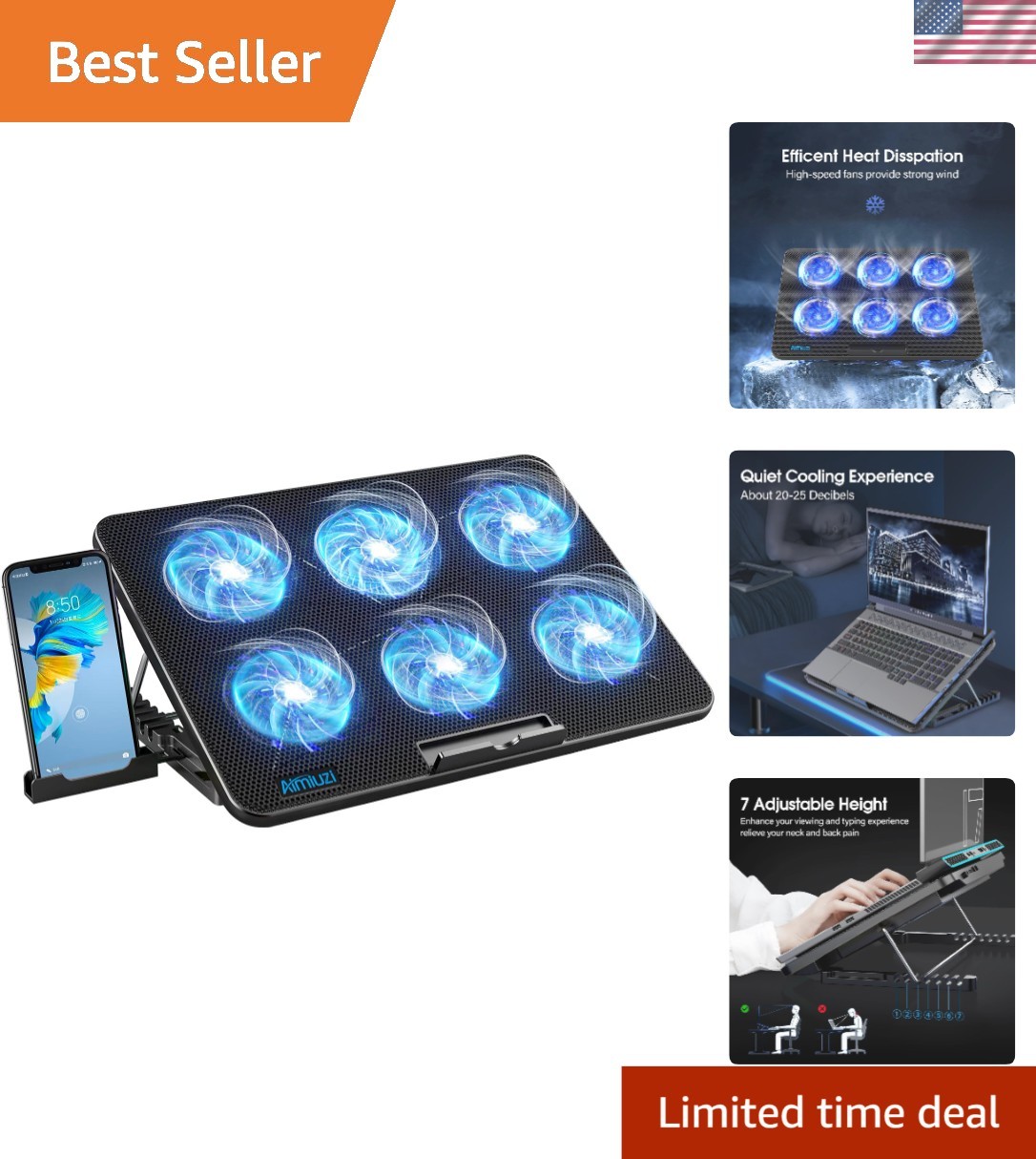 Powerful 6-Fan Laptop Cooler with Adjustable Heights and Anti-Slip Design