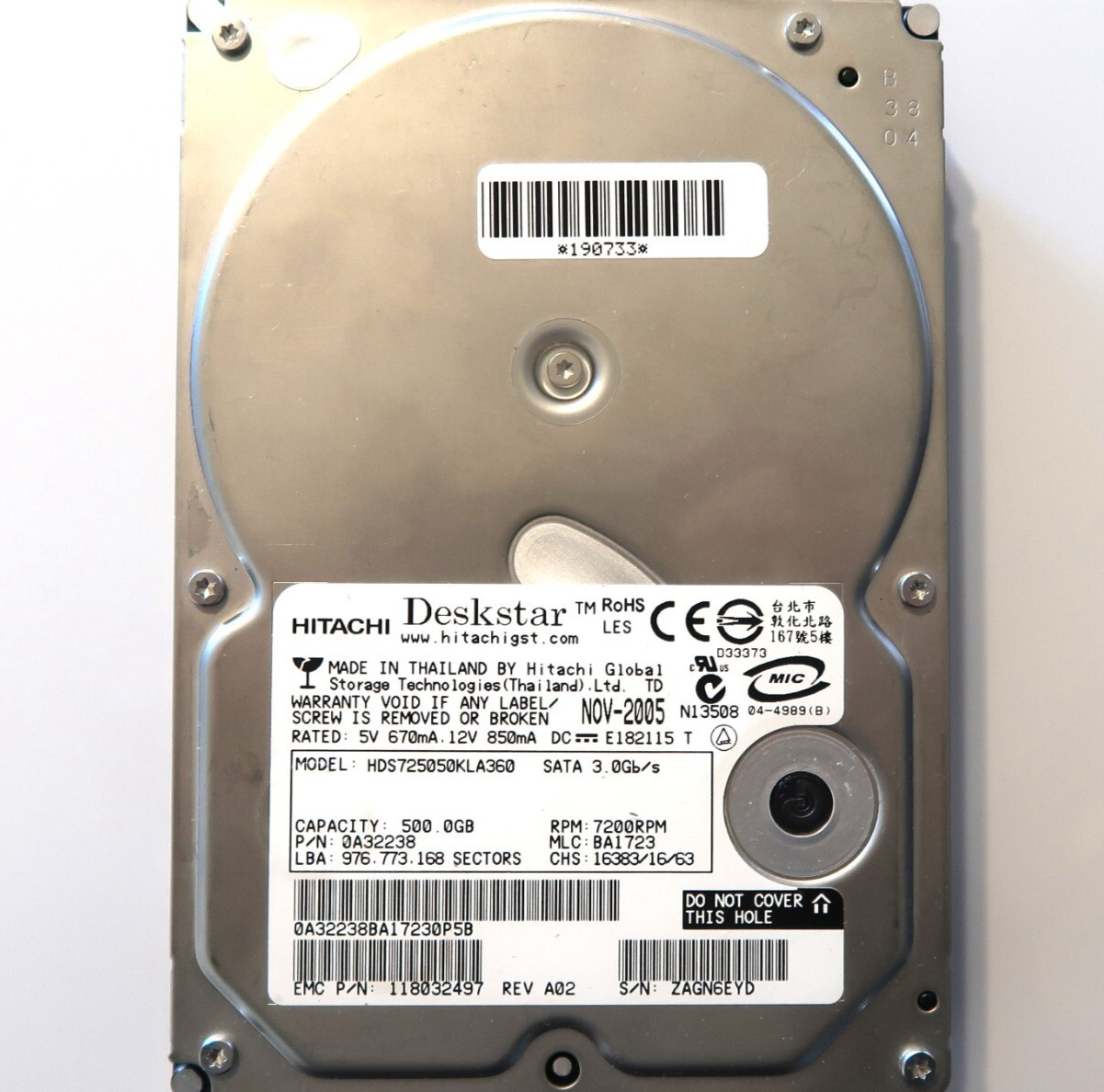 Hitachi HDS725050KLA360 0A32238 BA1723 (ZAGN) Thailand 500gb Sata 3.5" NOV-2005