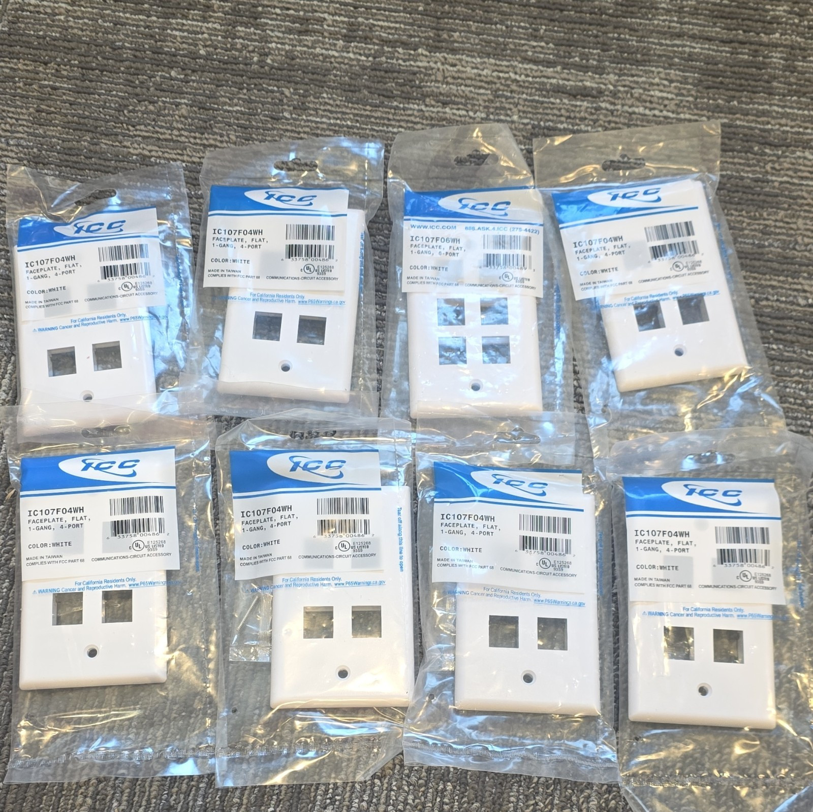 Pack of 8 ICC IC107F04WH White Flat 1-Gang 4-Port Wall Plate Faceplate