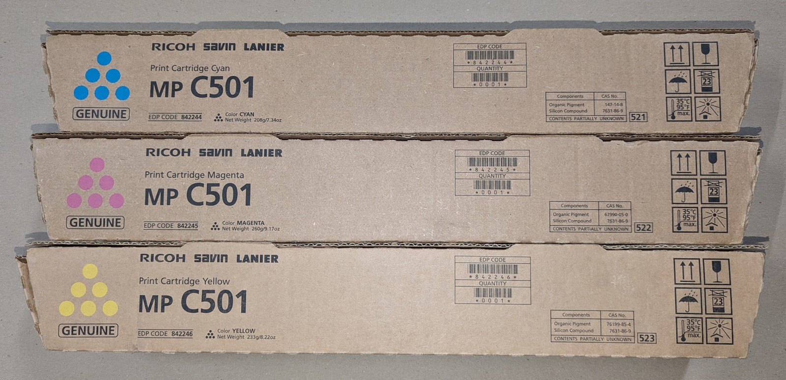 Genuine Set of 3 Ricoh MP C501 842244/45/46 CMY Toners Ricoh/Savin/Lanier MP