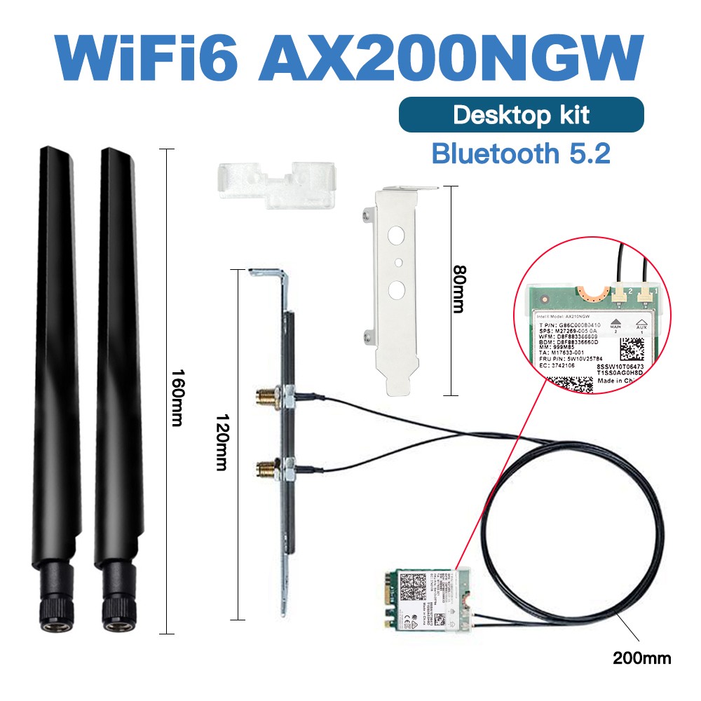 WiFi 6 Intel AX200NGW M.2 NGFF Desktop Kit BT5.2 Dual‑Band 2974Mbps Network Card
