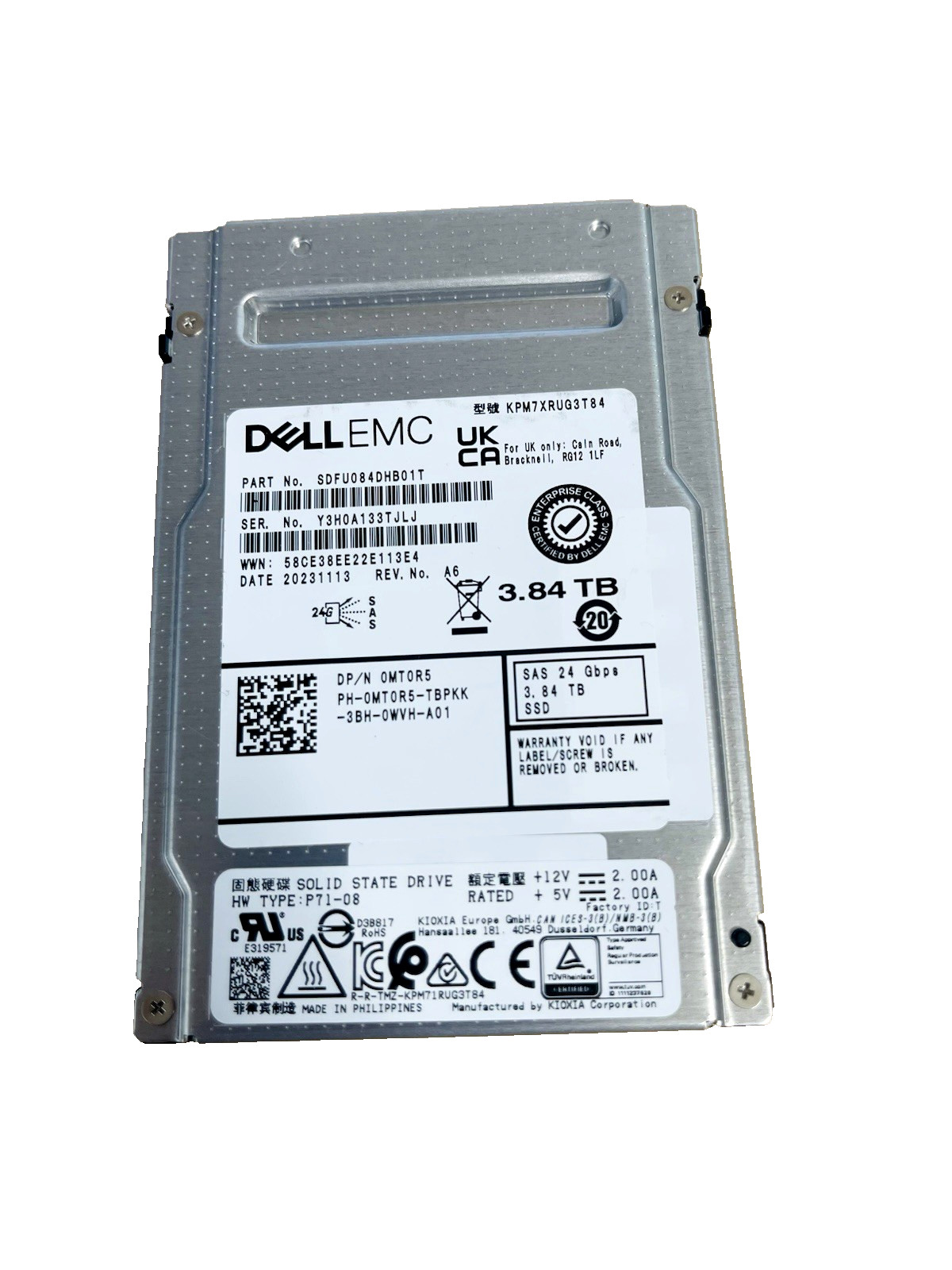 Dell EMC 3.84TB SAS 24G RI SFF 2.5" SSD Kioxia PM7-R KPM7XRUG3T84 0MT0R5 MT0R5