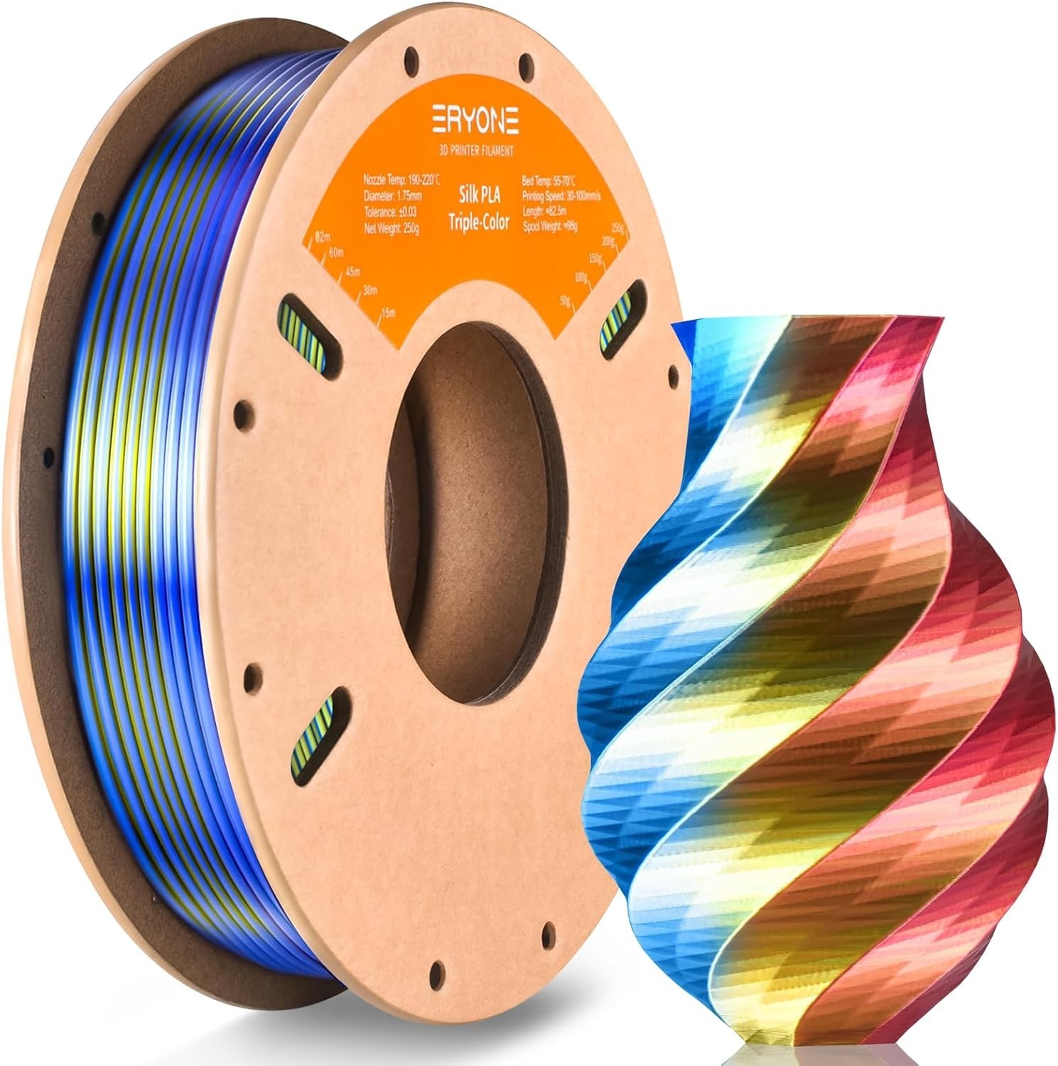 ERYONE Silk Tri Color PLA Filament PLA-250g, Triple Red Yellow Blue 