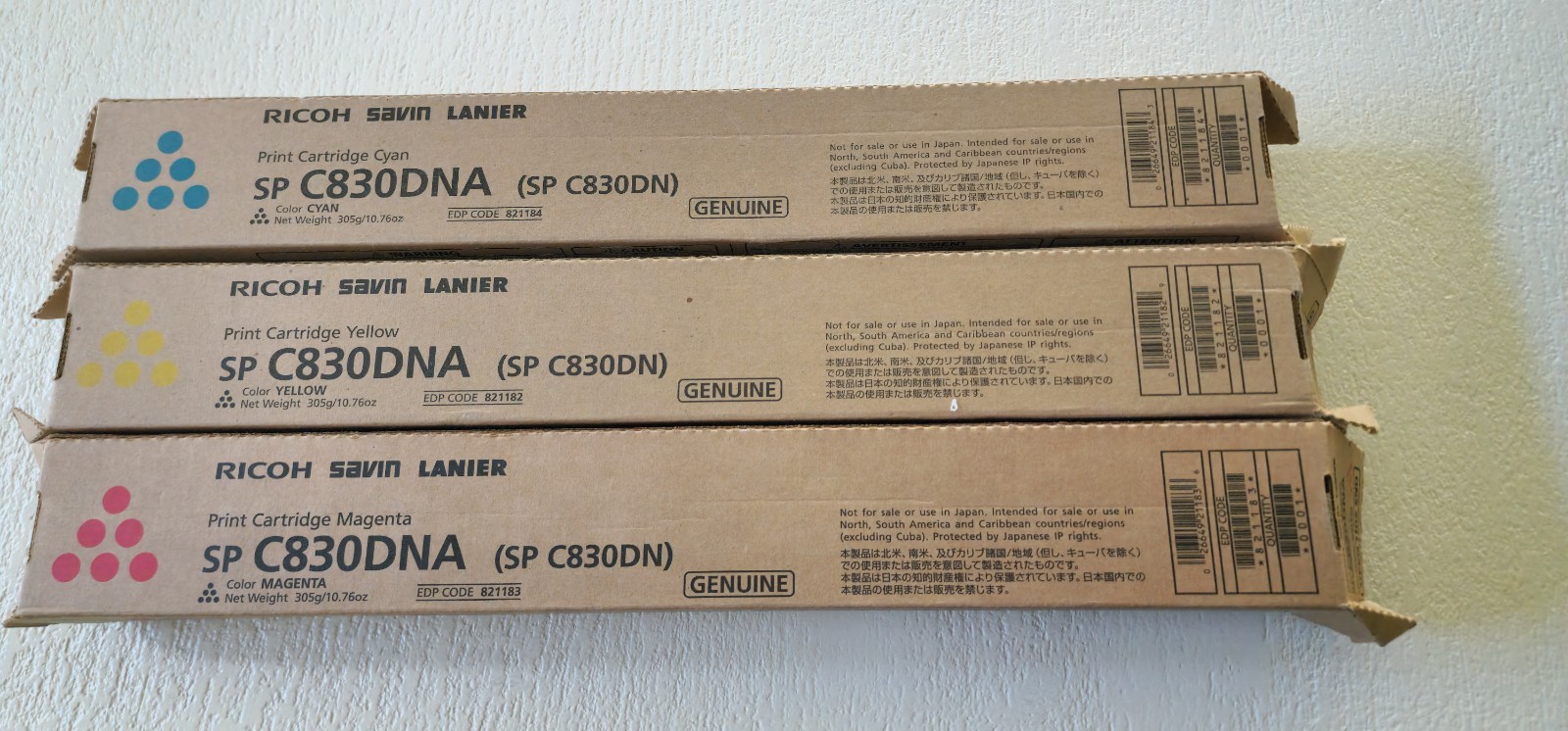 3 NEW GENUINE RICOH SAVIN LANIER SP830DNA PRINT CARTRIDGES- CYAN, YELLOW, MAG